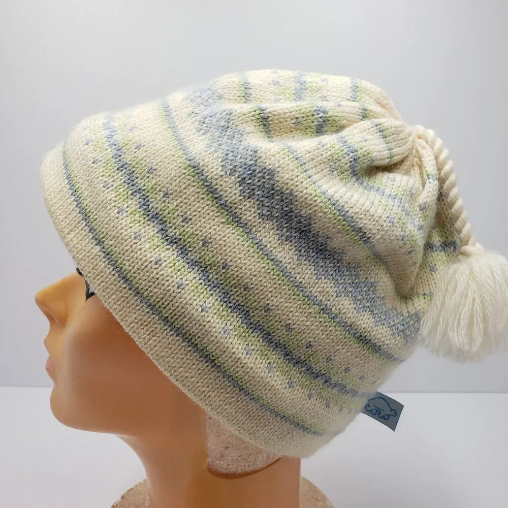 Turtle Fur Beanie Hat Womens Ivory Fair Isle Fleece Lined Wool Blend Tassel Cap